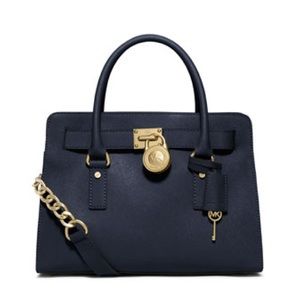 Michael Kors Women's Hamilton Saffiano Leather goldtone Satchel in Navy